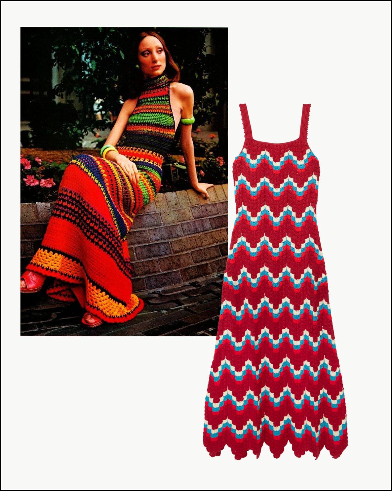 Μοντέλο με πλεκτό φόρεμα τη δεκαετία του '70/Pinterest και crochet φόρεμα, €1.110, ESCVDO, αποκλειστικά στο net-a-porter.com