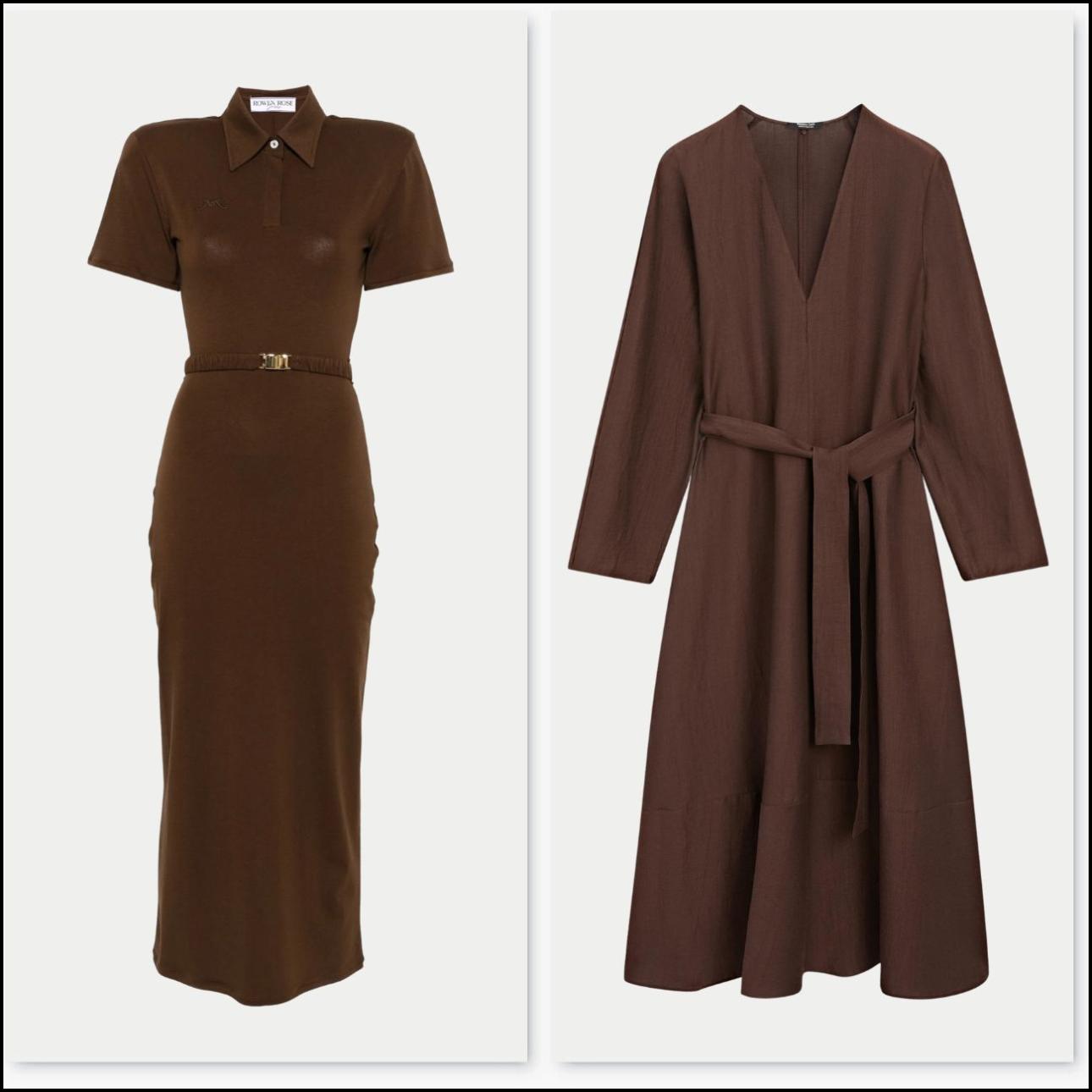 Από αριστερά: Φόρεμα με κοντά μανίκια, €564, Rowen Rose, farfetch.com και λινό, κλος φόρεμα, €99,95, Massimo Dutti, massimodutti.com