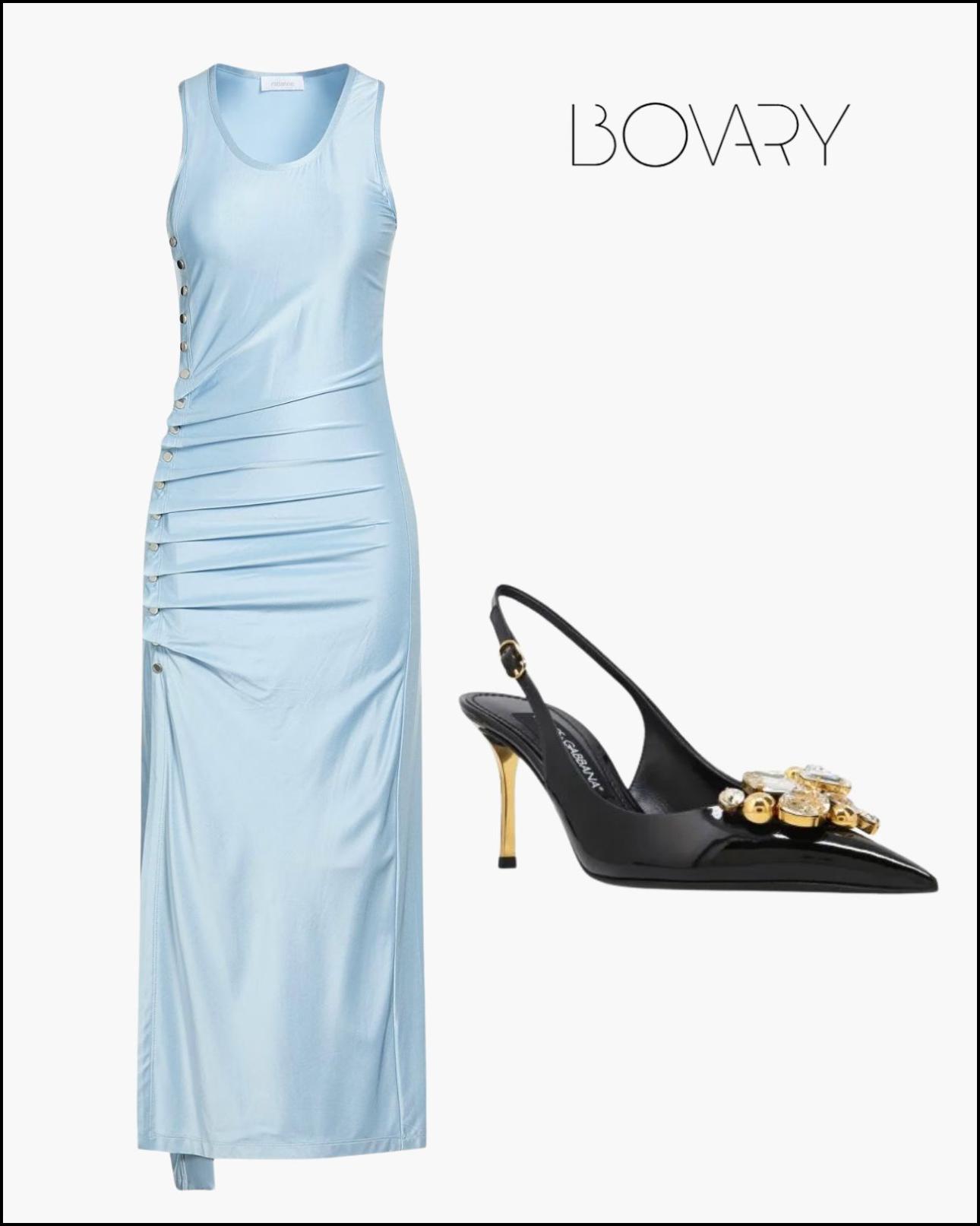 Pencil, ντραπέ φόρεμα, €378, Rabanne, yoox.com και λουστρίνι slingback γόβες, €1.200, Dolce&amp;Gabbana, kalogirou.com