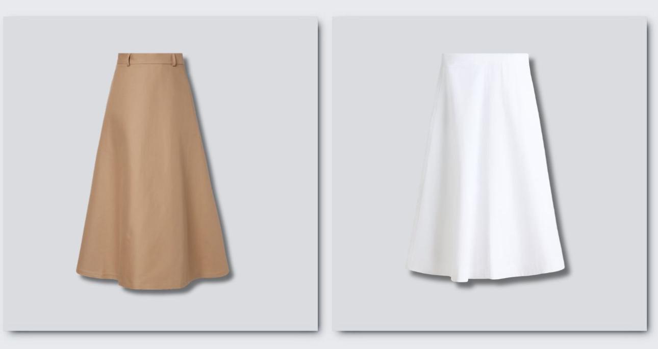 Μπεζ φούστα, €395, Róhe, mytheresa.com και λευκή φούστα, €37,99, H&amp;M, www2.hm.com