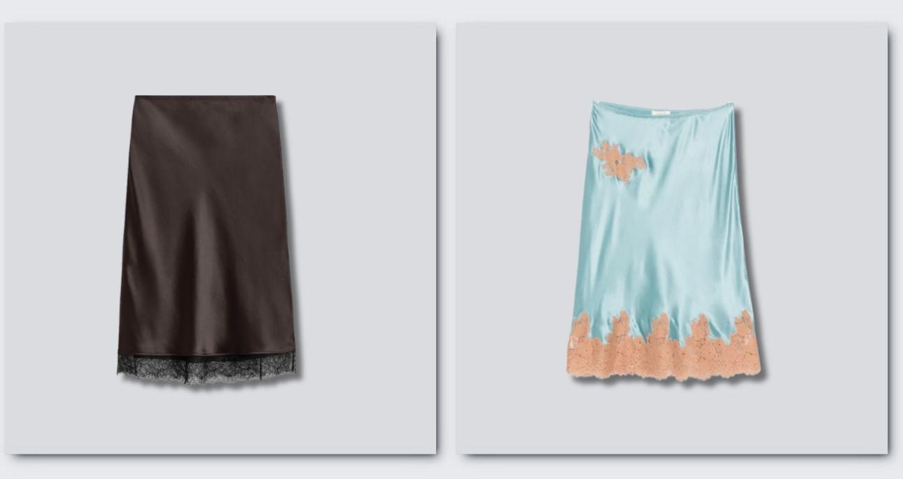 Σκούρο καφέ φούστα, €99, Cos, cos.com και τιρκουάζ φούστα, €512, DÔEN, farfetch.com