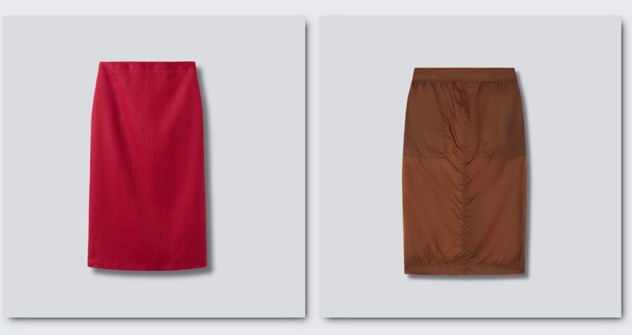 Κόκκινη λινή φούστα, €29,99, Mango, shop.mango.com και ημιδιάφανη φούστα με τσέπες, €1.500, Saint Laurent, ne-a-porter.com