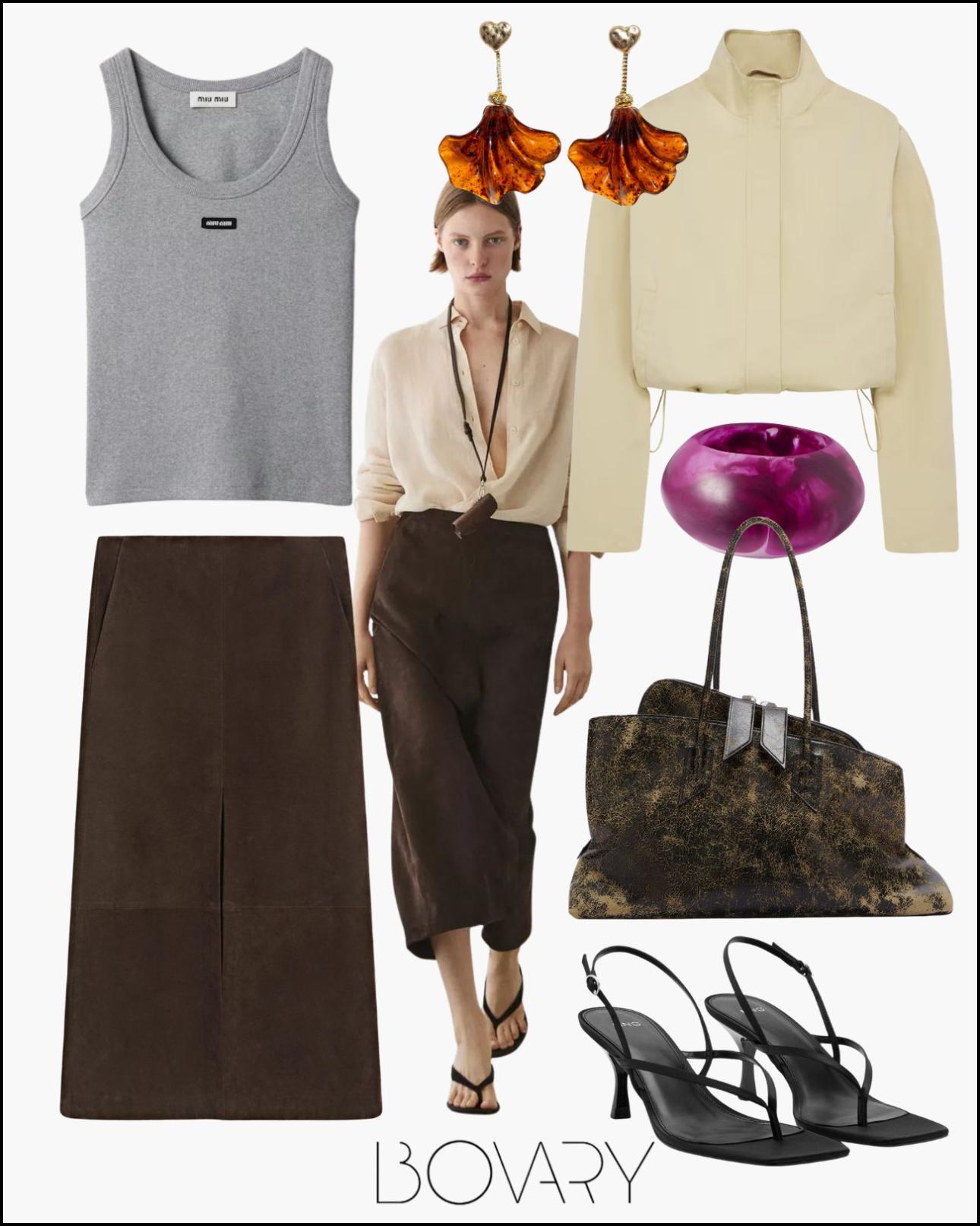 Από αριστερά: Tank top, €495, Miu Miu, miumiu.com, σκουλαρίκια, €110, Katerina Psoma, katerinapsoma.com, τζάκετ, €76,30, LeGer by Lena Gercke, aboutyou.gr, βραχιόλι, €90, Dinosaur Design, net-a-porter.com, suede φούστα, €299, Massimo Dutti, massimodutti.com, τσάντα, €1.650, The Attico, theattico.com, πέδιλα, €39,99, Mango, shop.mango.com