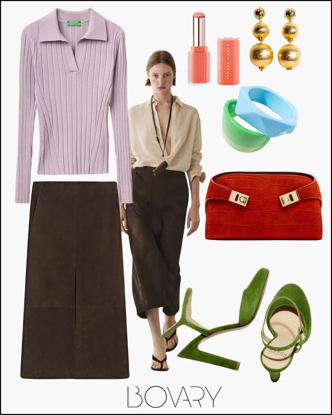 Από αριστερά: Λεπτό πλεκτό, €49,95, Benetton, gr.benetton.com, κραγιόν, €26,50, Fenty Beauty Gloss Bomb Stix, seohora.gr, σκουλαρίκια, €150 και σετ βραχιόλια, €80, όλα Katerina Psoma, katerinapsoma.com, suede φούστα, €299, Massimo Dutti, massimodutti.com, τσάντα, €1.980, Ferragamo, mytheresa.com και γόβες, €750, Francesco Russo, francescorusso.fr