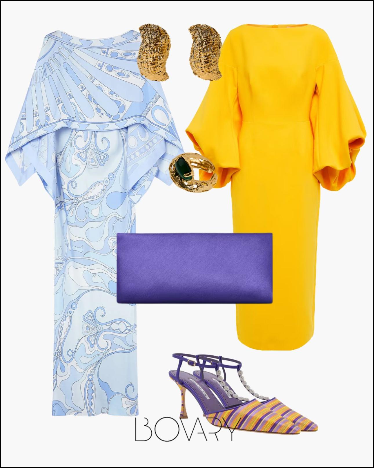 Από αριστερά: Εμπριμέ, μακρύ φόρεμα με κάπα, €1.876, Pucci, farfetch.com, σκουλαρίκια, €290 και δαχτυλίδι με πράσινη πέτρα, €325, όλα Paola Sighinolfi, paolasighinolfi.com, κίτρινο φόρεμα με μακριά balloon μανίκια, €1.072, Roksanda, mytheresa.com, μοβ τσάντα-φάκελος, €1.200, Saint Laurent, ysl.com και ριγέ, σατέν slingbacks, €915, Manolo Blahnik, manoloblahnik.com