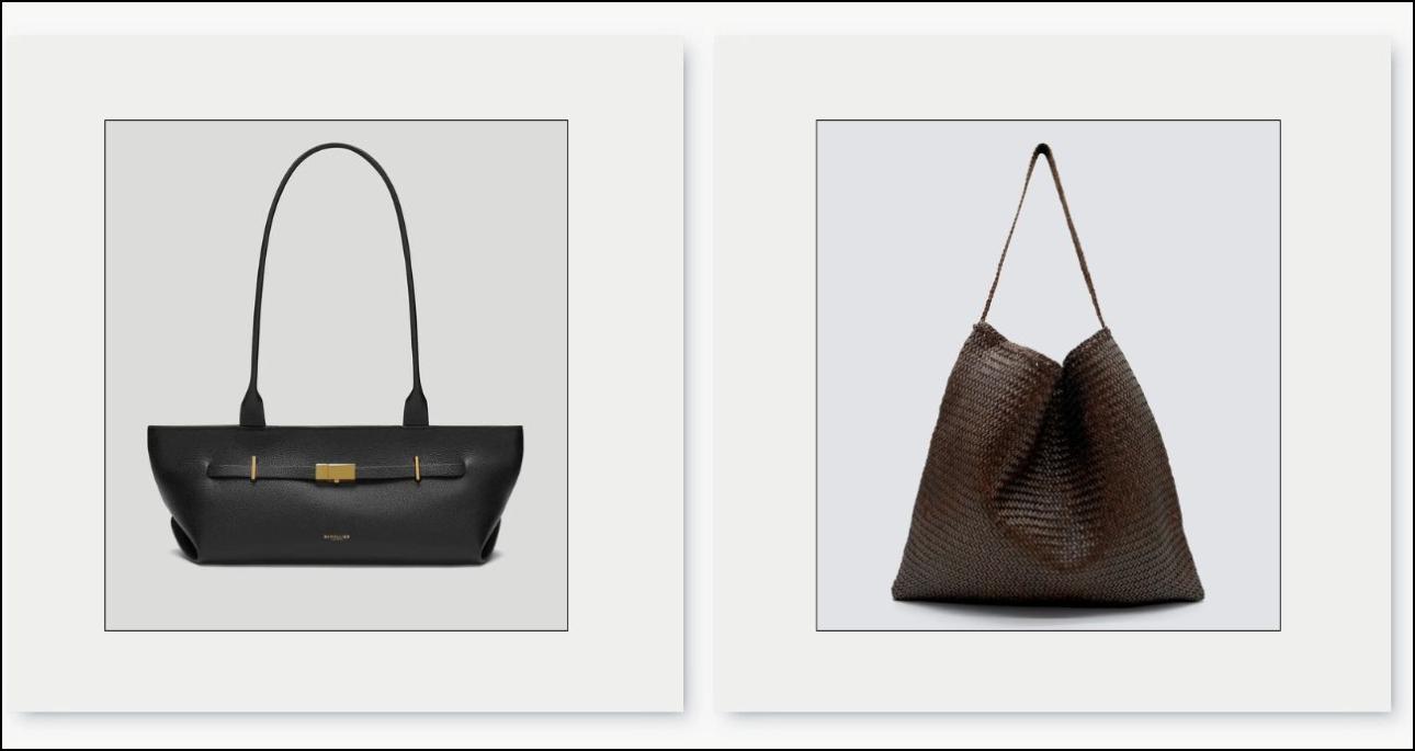 Μαύρη τσάντα, €455, DeMellier London, demellierlondon.com και σκούρο καφέ, δερμάτινη τσάντα, €486, Dragon Diffusion, dragondiffusion.com