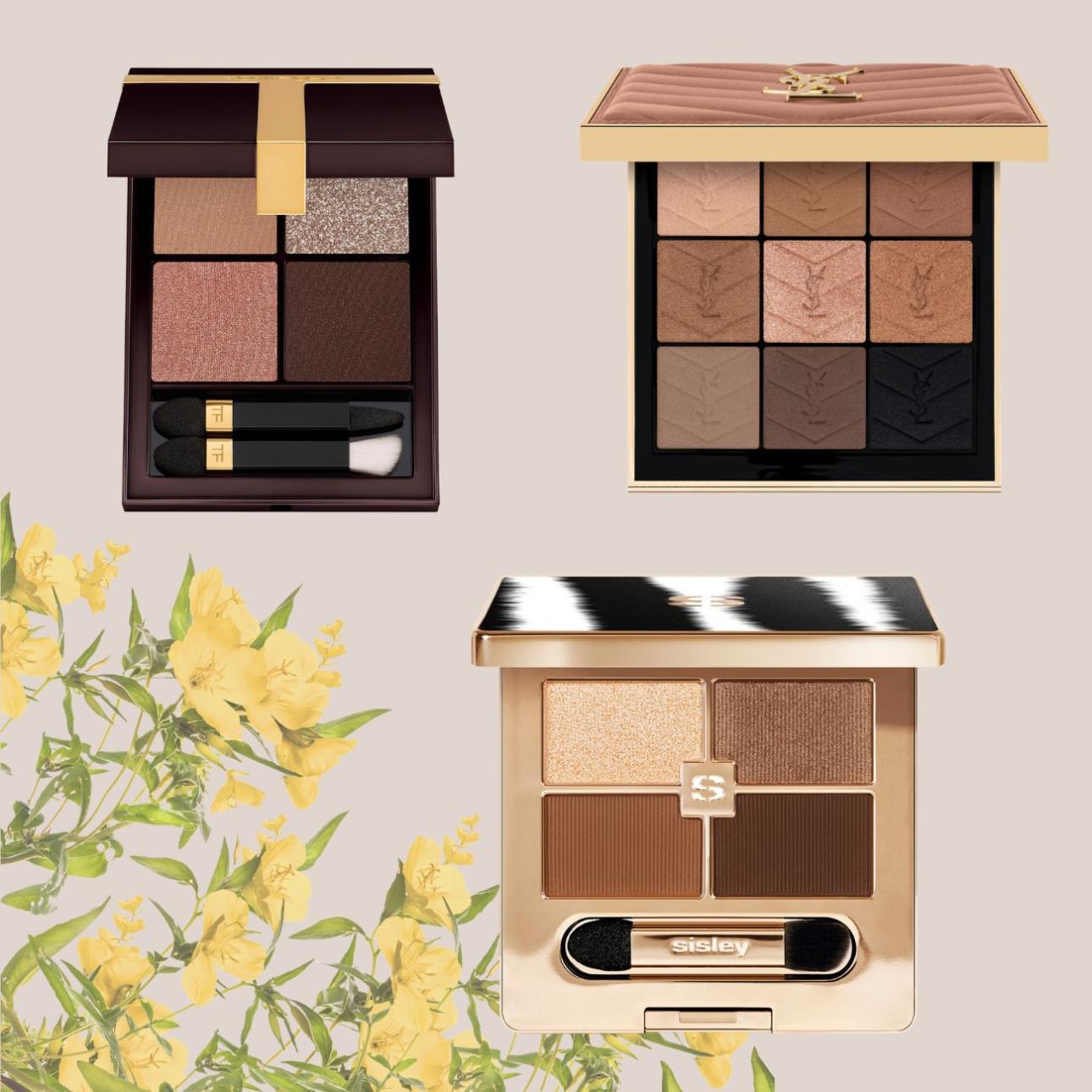  Πάνω αριστερά / Runway Eye Color Quad Poudre 20 Disco Dust, Tom Ford: ﻿Τετραπλή παλέτα σε καφέ και ροζ-καφέ αποχρώσεις και συνδυασμό powder και creme υφών.  Πάνω δεξιά / Couture Eye Palette Nude Hours, YSL: Εννέα nude καφέ  αποχρώσεις σε ματ, σατινέ, μεταλλικά και λαμπερά φινιρίσματα,  εμπνευσμένη από τις υφές των couture υφασμάτων.   Κάτω δεξιά / Phyto Eye Palette 1 Tender Toffee, Sisley:﻿﻿Συνδυάζει τρία φινιρίσματα και τέσσερις αποχρώσεις, εμπλουτισμένες με φυτικά ενεργά συστατικά φυτοκοσμητολογίας και προσαρμοσμένες στις ιδιαιτερότητες της περιοχής των βλεφάρων για να παρέχουν φροντίδα σε κάθε εφαρμογή. 