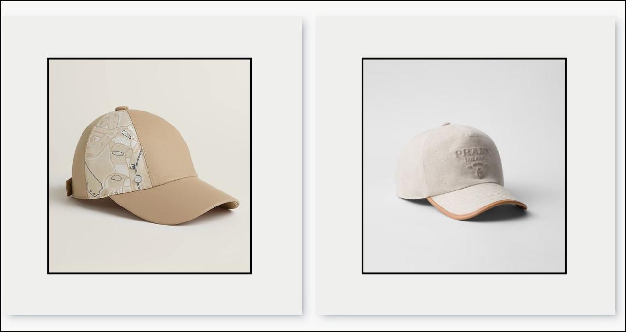 Από αριστερά: Καπέλο με δέρμα και μετάξι, €990, Hermès, hermes.com και λινό καπέλο, €590, Prada, prada.com