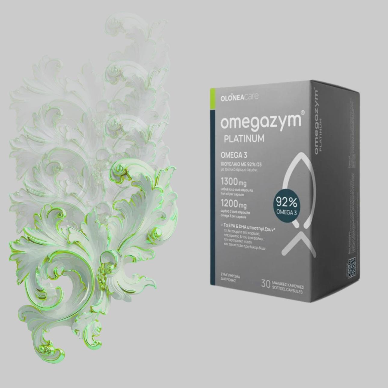 Omegazym Platinum, Olonea Ιχθυέλαιο μέγιστης περιεκτικότητας με 1200mg Ω3 92% καθαρότητας, συμβάλλει, μεταξύ άλλων, στην ενίσχυση της δομής των κυτταρικών μεμβρανών και συμβάλλει στη διατήρηση υγιούς, ενυδατωμένης επιδερμίδας. Με τον τρόπο αυτό υποστηρίζει έμμεσα και τη δράση του κολλαγόνου, βοηθώντας την επιδερμίδα να διατηρεί ελαστικότητα και πιο «γεμάτη» όψη.