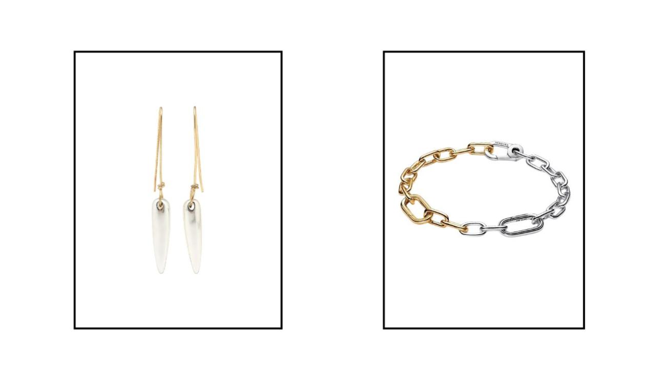 Από αριστερά: Σκουλαρίκια σε χρυσό και σημί τόνους, €29,95, Massimo Dutti, massimodutti.com και βραχιόλι σε ασήμι 925 κι επιχρύσωση 14Κ, €99, Pandora, gr.pandora.net