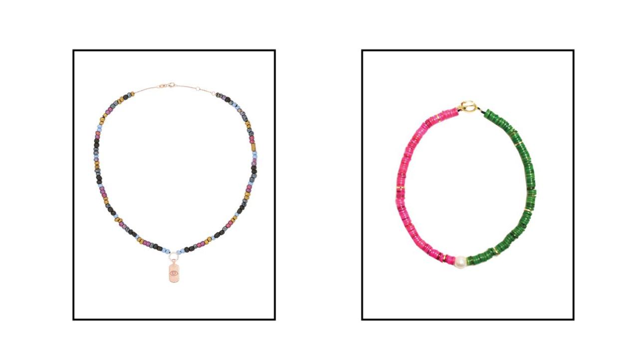 Από αριστερά: Κολιέ Evil Eye από ροζ χρυσό 14 καρατίων, χάντρα και διαμάντια, €1.480, DianeKordas, net-a-porter.com και χειροποίητο κολιέ με χάντρες από κοχύλι Heishi και μαργαριτάρι γλυκού νερού, €219, Adriana Pappas, wolfandbadger.com