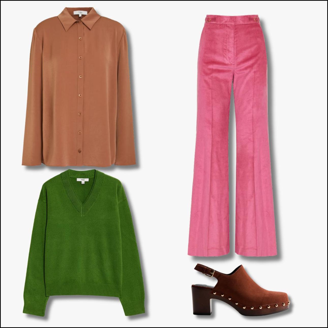 Πουκάμισο, €175, Tibi, theoutnet.com, ροζ κοτλέ παντελόνι, €1.300, Gabriela Hearst, luisaworld.com, V-neck πουλόβερ, €32,99, Marks&amp;Spencer, marksandspencer.com και σαμπό, €57,99, H&amp;M, www2.hm.com.