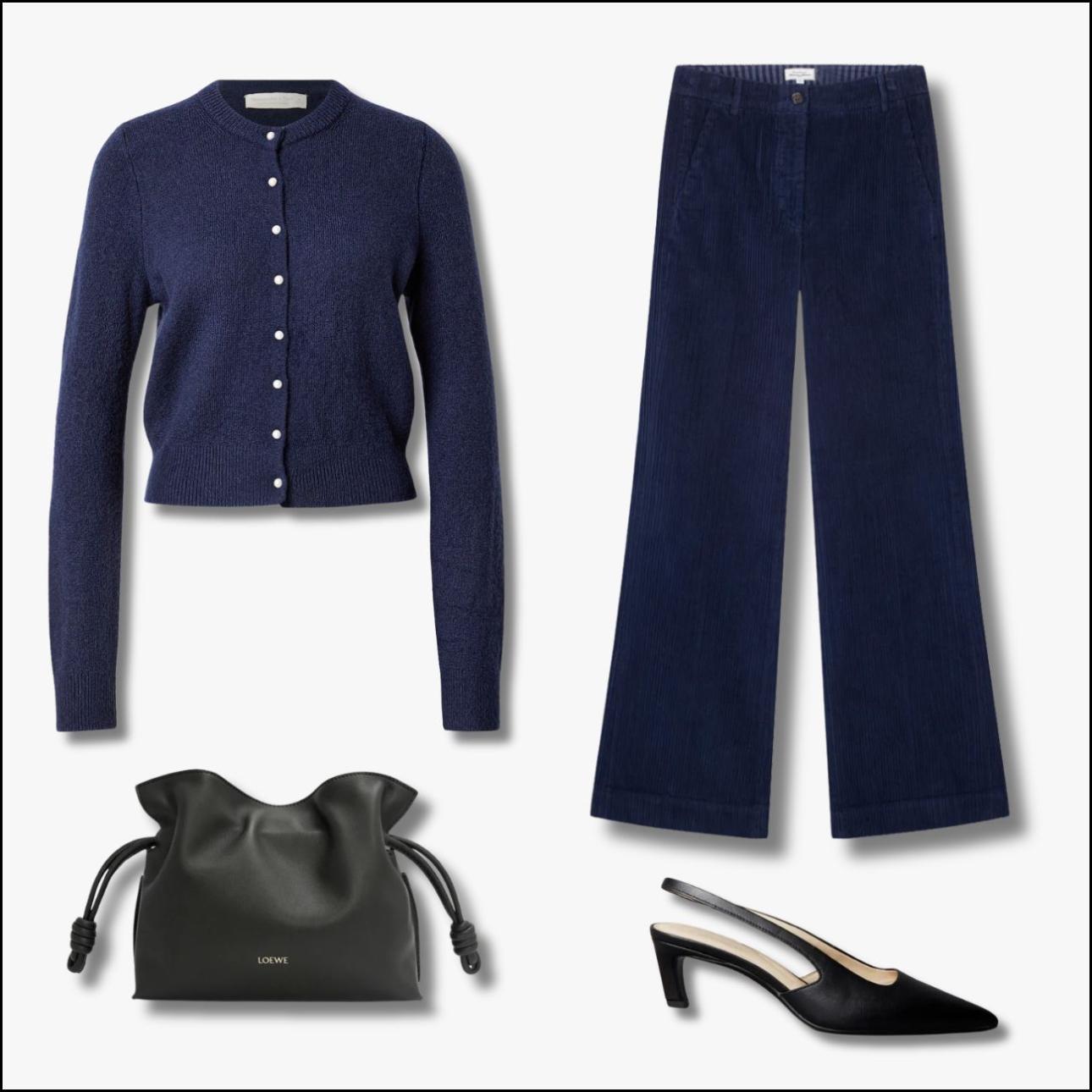 Ζακέτα, €74,90, Abercrombie &amp; Fitch, aboutyou.gr, κοτλέ παντελόνι, €120, Hartford, hartford.fr, clutch, €2.000, Loewe, loewe.com και slingback γόβες, €101, Calvin Klein, calvinklein.gr. 