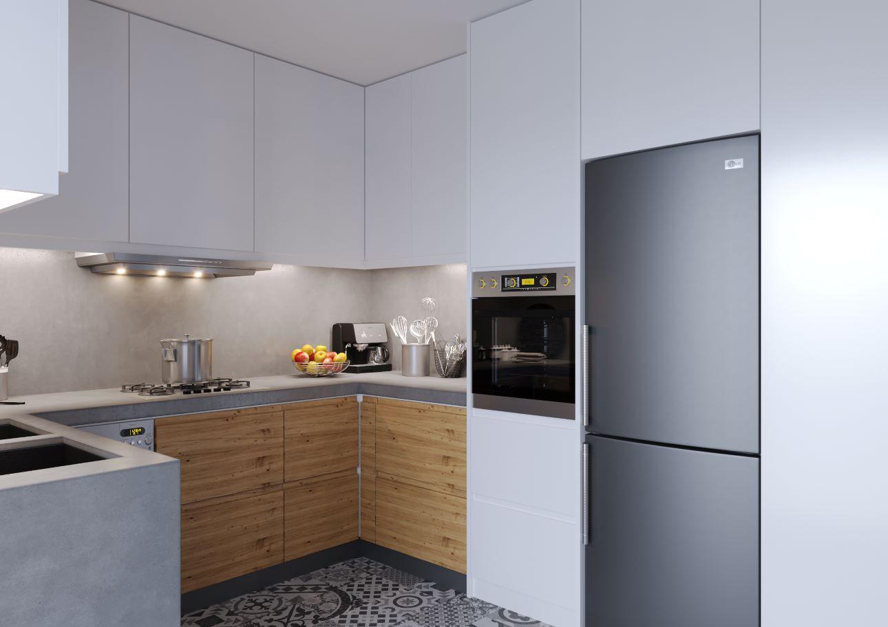 Στην κουζίνα, η επιλογή της τεχνοτροπίας τσιμέντου γδημιουργεί μια στιβαρή, σχεδόν «ακατέργαστη» αίσθηση/ Φωτογραφία: Κυριακή Καπασακαλίδου 