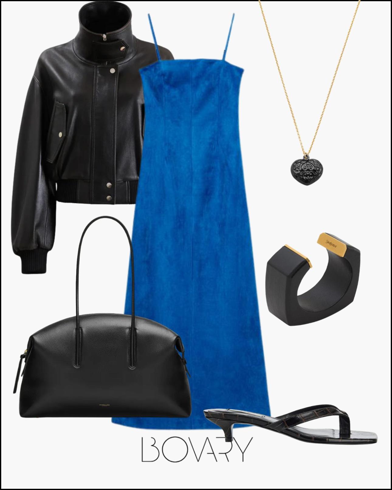 Από αριστερά: Δερματινο τζάκετ, €1.400, Nour Hammour, nour-hamour.com, φόρεμα με υφή suede, €39,95, Zara, zara.com, κολιέ ,€45, Folli Follie, follifollie.com, τσάντα, €620, DeMellier London, demellierlondon.com, βραχιόλι, €1.100, Saint Laurent, ysl.com και flip-flops με τακούνι, €440, Toteme, luisaworld.com.