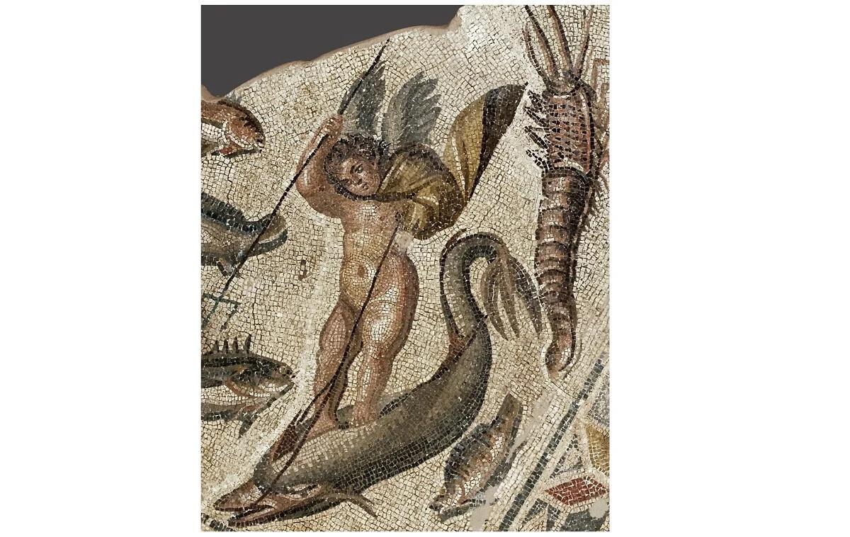  Ρωμαϊκό ψηφιδωτό δάπεδο με θαλάσσιο κόσμο και Ερωτιδείς ως αλιείς ψυχών στην υπηρεσία της Αφροδίτης. Πάτρα, 2ος–3ος αι. μ.Χ. 