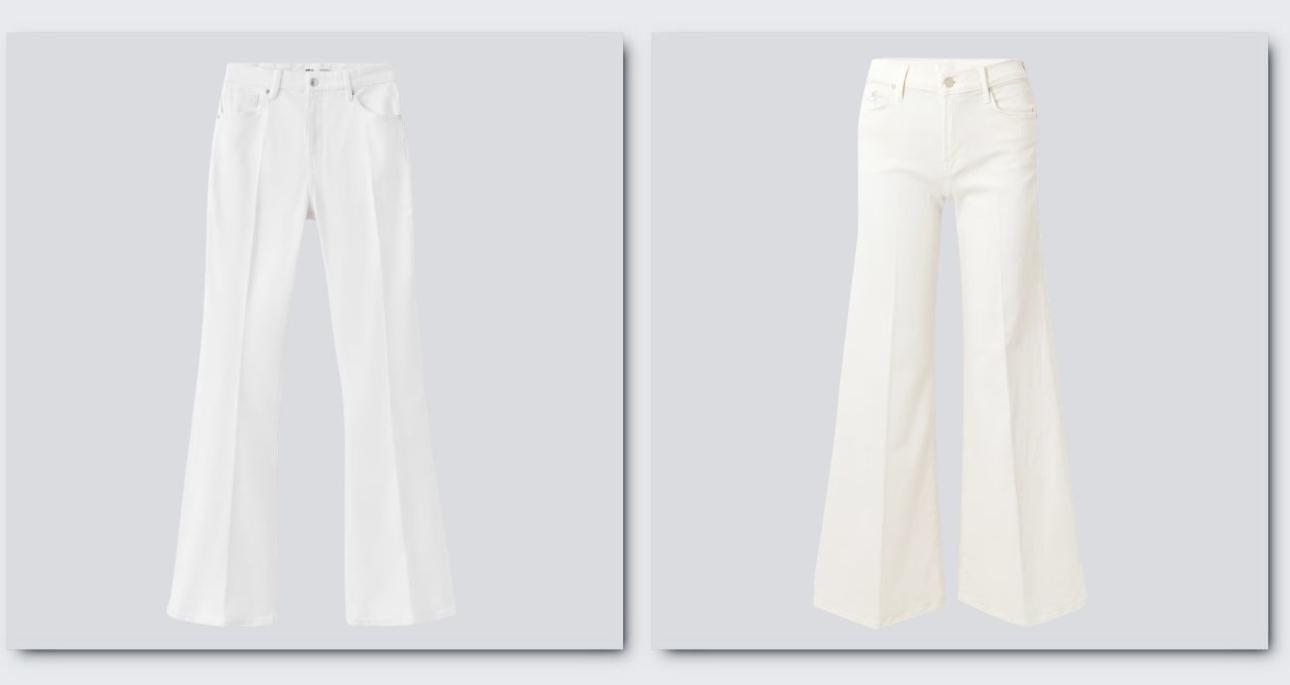 Από αριστερά: Τζιν ελαφριά καμπάνα, €29,99, Mango, shop.mango.com και τζιν με φαρδιά καμπάνα, €325, MOTHER, net-a-porter.com