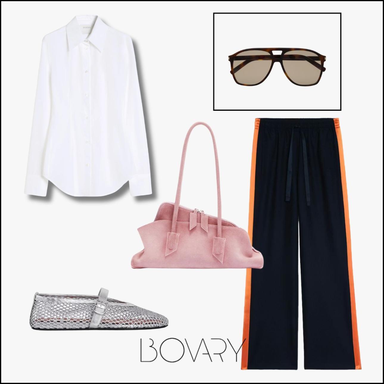 Πουκάμισο, €245, Sportmax, gr.maxmara.com, γυαλιά ηλίου, €360, Saint Laurent, ysl.com, suede τσάντα, €1.350, The Attico, theattico.com, μπαλαρίνες, €790, Alaïa, maison-alaia.com και μπλε σκούρο παντελόνι σε στιλ φόρμα, €325, Zadig&amp;Voltaire, zadig-et-voltaire.com
