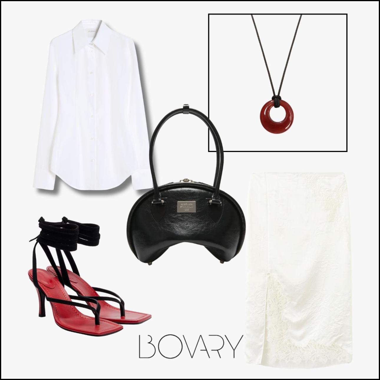 Πουκάμισο, €245, Sportmax, gr.maxmara.com, κολιέ, €20,95, En Route, enroutejewelry.com, πέδιλα, €632, Christopher Esber, mytheresa.com, τσάντα, €840, Acne Studios, farfetch.com και λευκή σατέν φούστα με δαντελένιες λεπτομέρειες, €45,99, Mango, shop.mango.com