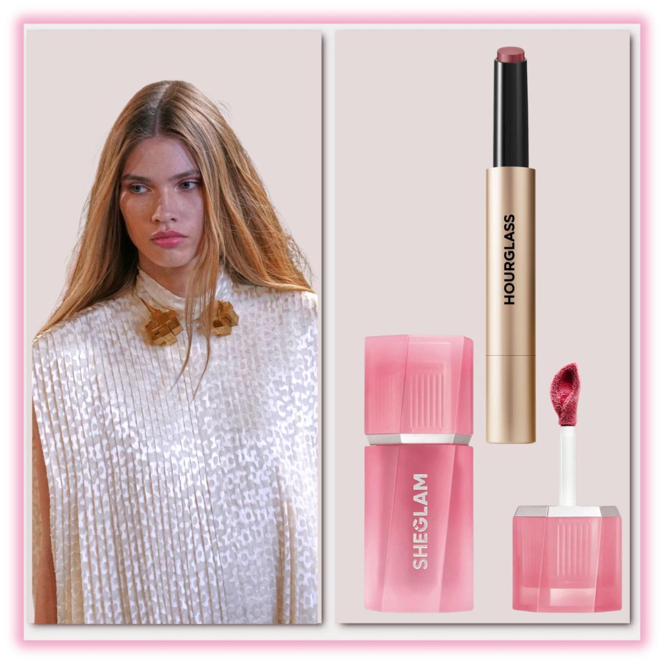 Αριστερά: Μοντέλο από το show Louis Vuitton SS 2026 / Photo credit: AP   Δεξιά: Phantom Blur Balm in Echo 50 Soft Neutral Pink, Hourglass (πάνω)  Air Plush Lip &amp; Cheek Cream-Like A Feather in 026 Like a Feather, SheGlam 