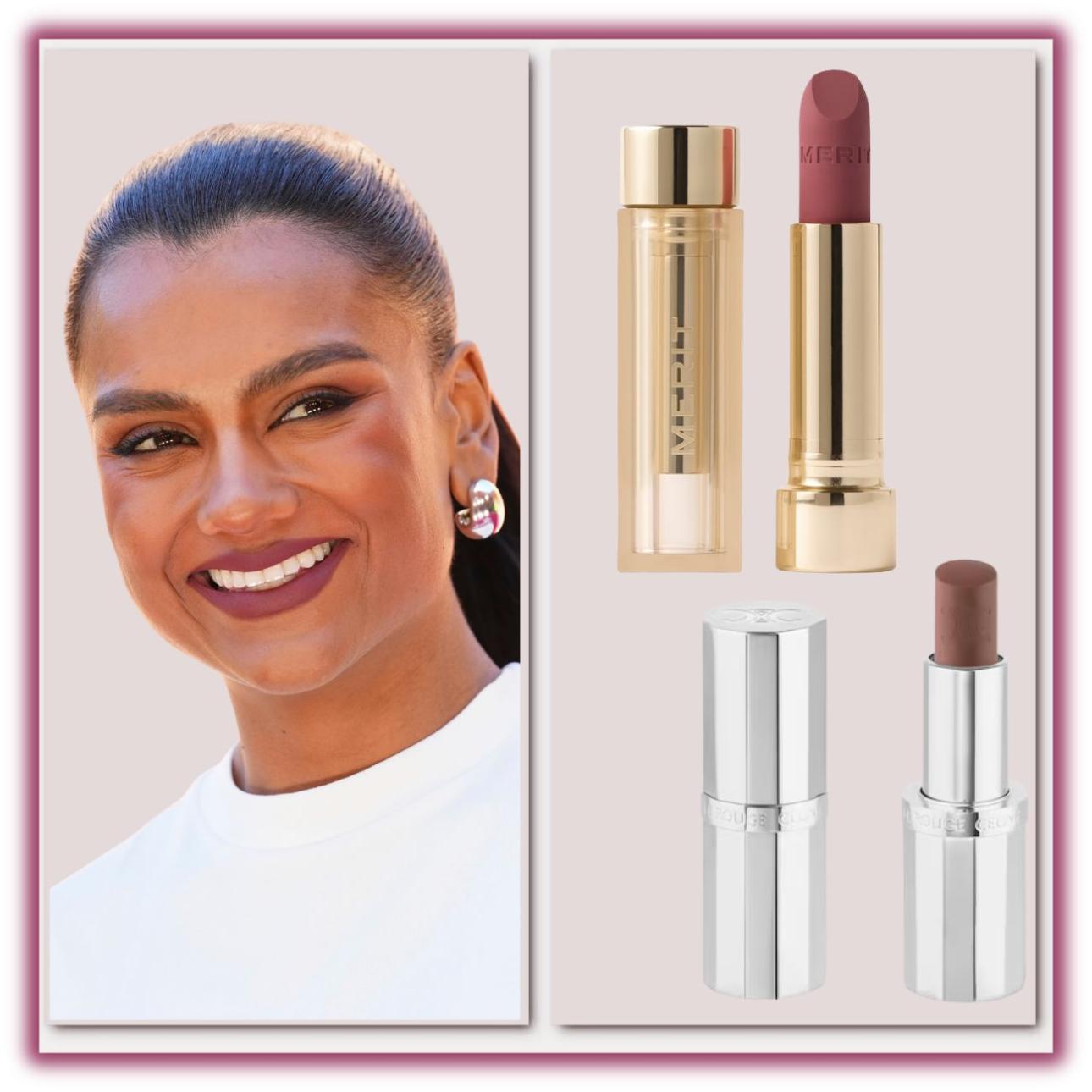  Αριστερά: Simone Ashley / Photo credit: AP   Δεξιά: Signature Lip Blush in Archival, Merit (Πάνω)Le Rouge Celine 03 Aliénor Matte Lip Balm, Celine