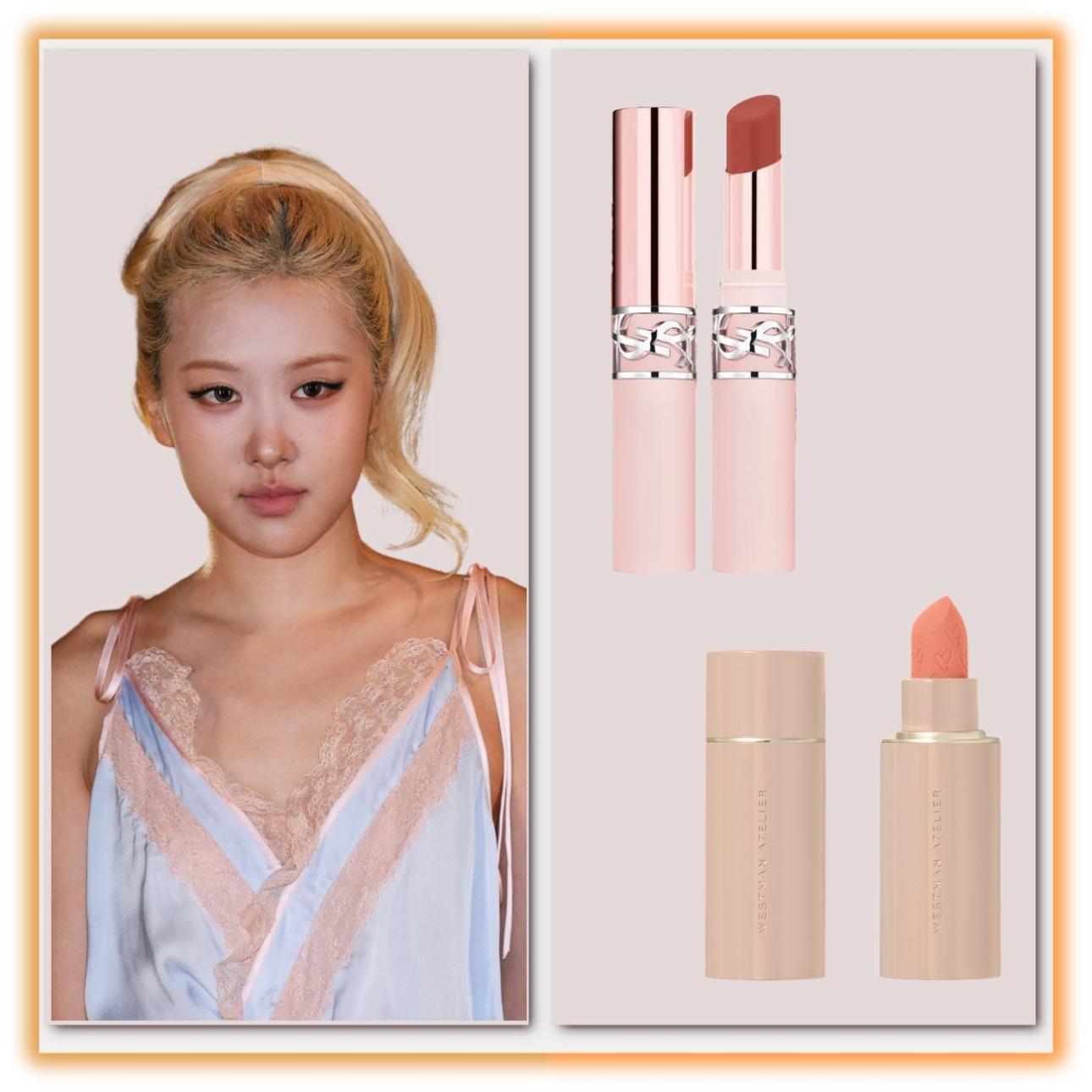 Αριστερά: Η Rose από τις BlackPink / Photo credit: AP  Δεξιά: Lovenude Lip Blusher in Apple Sin, YSL (πάνω) Lip Suede Recharge in Läcker, Westman Atelier 