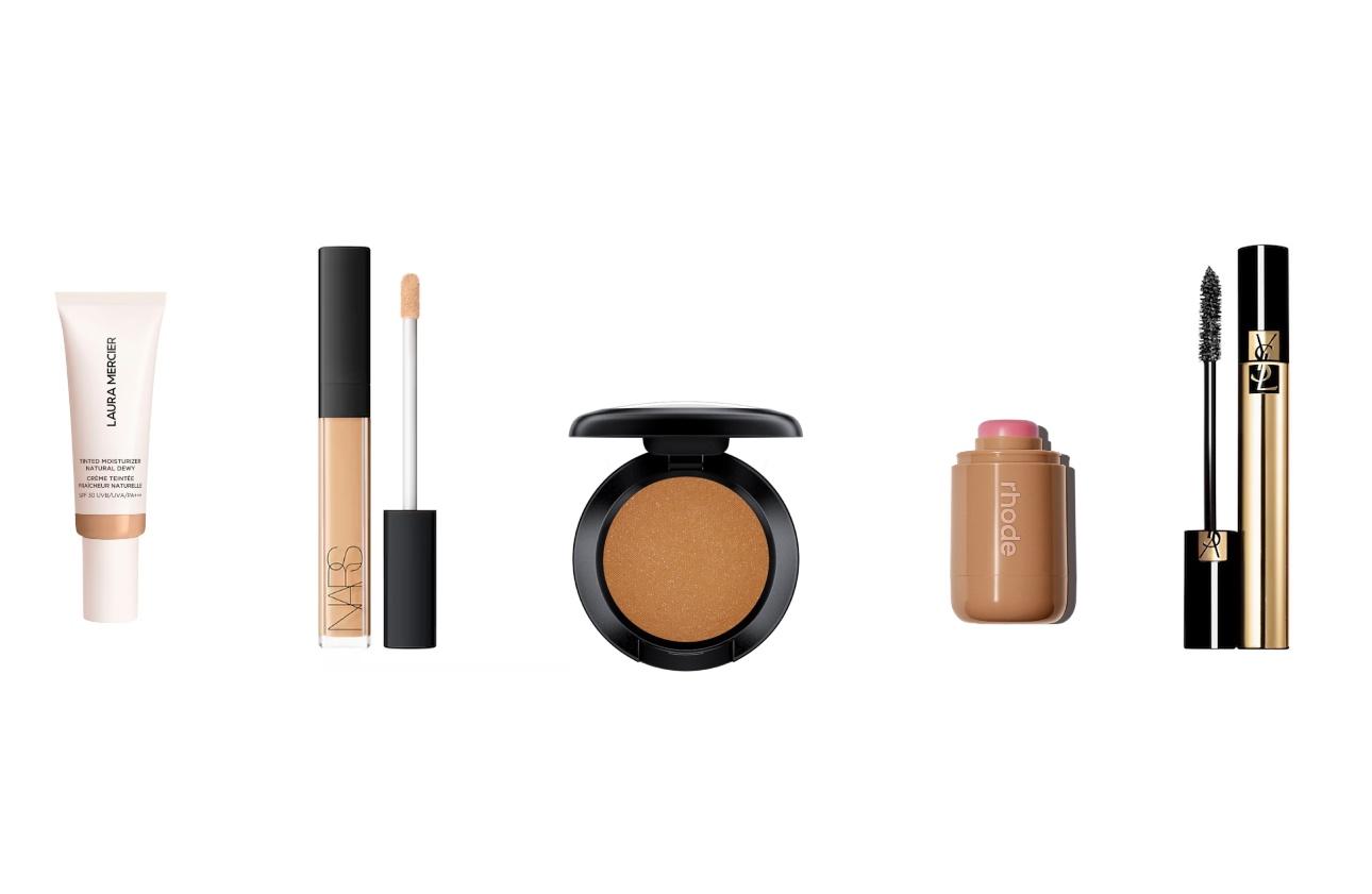 Laura Mercier, Tinted MoisturiserNARS ConcealerMAC Cosmetics, Natural Wilderness eyeshadowRhode, Piggy Pocket BlushYSL Volume Effect mascara