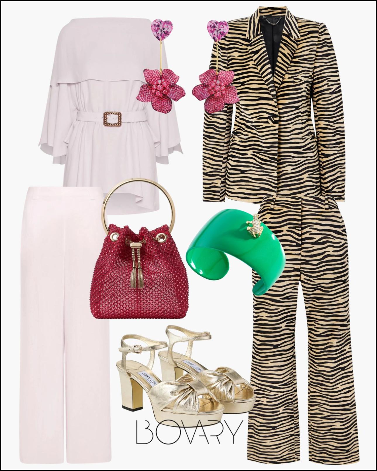 Από αριστερά: Τοπ με κάπα και ζώνη, €335 και παντελόνι με λάστιχο στο πίσω μέρος, €215, όλα Marella, marella.com, σκουλαρίκια με χρωματιστά στρας, €75, Paola Sighinolfi, benakishop.gr, σακάκι, €1.790 και παντελόνι, €1.190, όλα Rabanne, αποκλειστικά στο net-a-porter.com, βραχιόλι, Dada Arrigoni, kessaris.gr, τσάντα με κρυστάλλους, €1.695 και πέδιλα με φιάπα, €895, όλα Jimmy Choo, row.jimmychoo.com