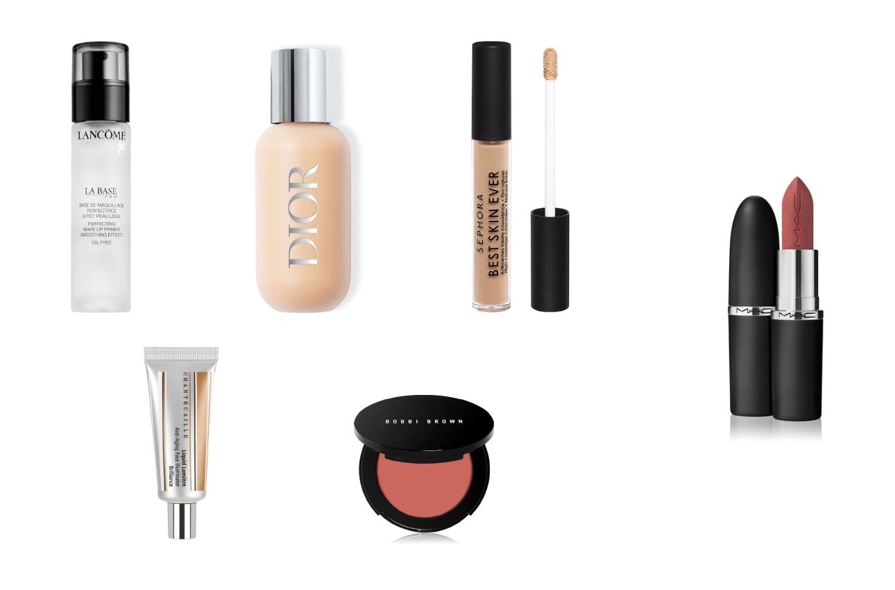 Lancôme La Base ProDior Backstage Face & Body FoundationSephora Collection Best Skin Ever ConcealerChantecaille Liquid Lumière HighlighterBobbi Brown Pot Rouge for Lips & CheeksMAC Cosmetics, MACximal Silky Matte Lipstick Velvet Teddy