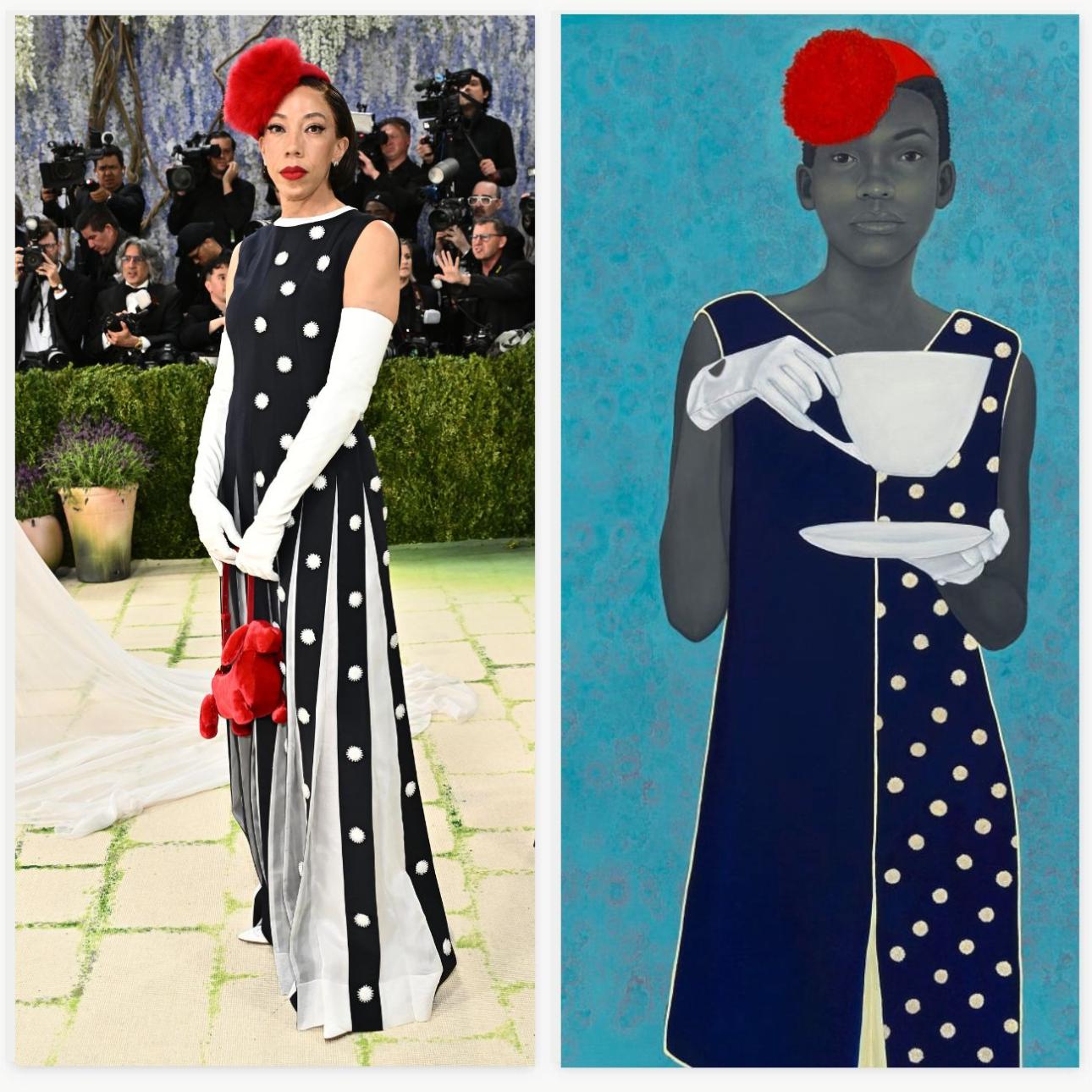 Aριστερά: Η Αmy Sherald στο Met Gala 2026 / Evan Agostini/Invision/AP - Δεξιά: Miss Everything, Amy Sherald, 2014 / Νational Portrait Gallery