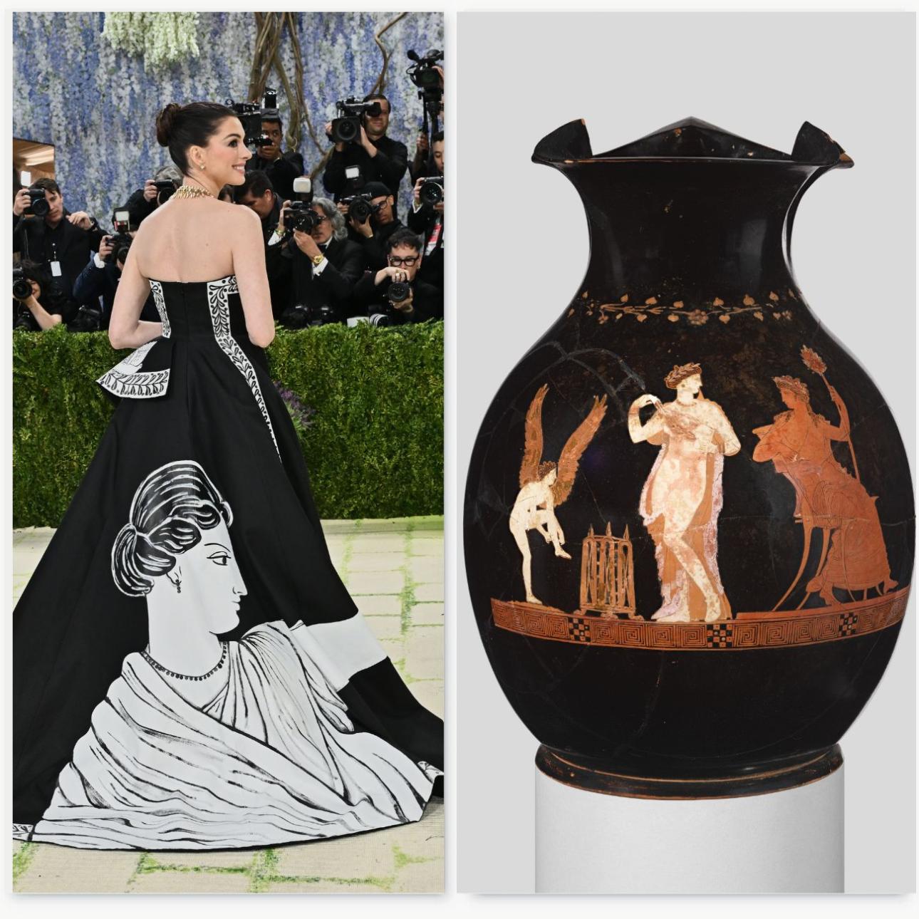 Aριστερά: Η Αν Χάθαγουεϊ στο Met Gala 2026 / Evan Agostini/Invision/AP  - Δεξιά: Αρχαιοελληνικό αγγείο,  μέσα 4ου αιώνα π.Χ./ Τhe Met