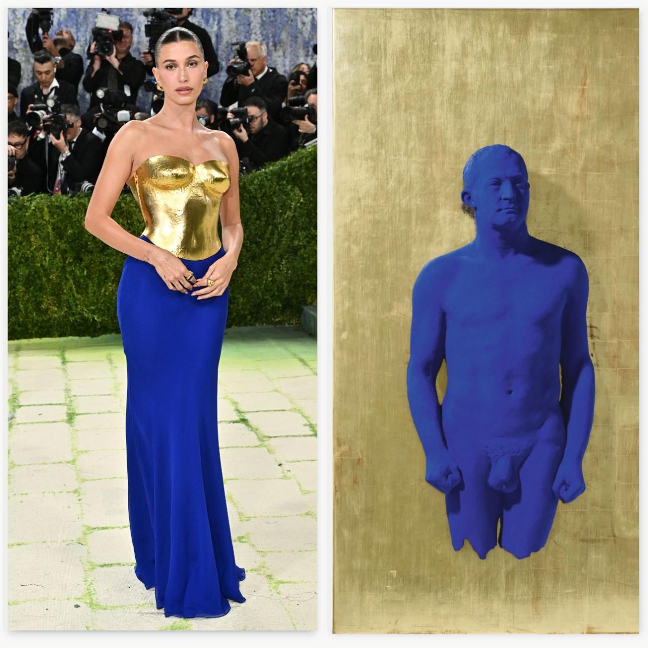  Aριστερά: Η Χέιλι Μπίμπερ στο Met Gala 2026 / Evan Agostini/Invision/AP -  Δεξιά: Πορτρέτο του Arman, Yves Klein, 1962 / Sotheby's