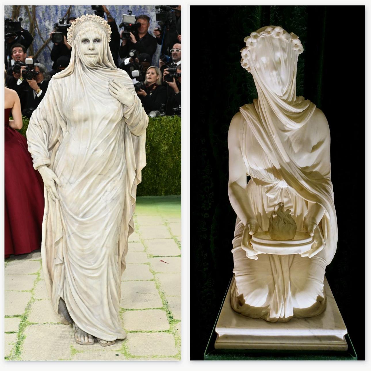 Aριστερά: Η Χάιντι Κλουμ στο Met Gala 2026 / Evan Agostini/Invision/AP - Δεξιά:  Εστιάδα Παρθένα,  Raffaelle Monti, 1847 / Wikimedia Commons