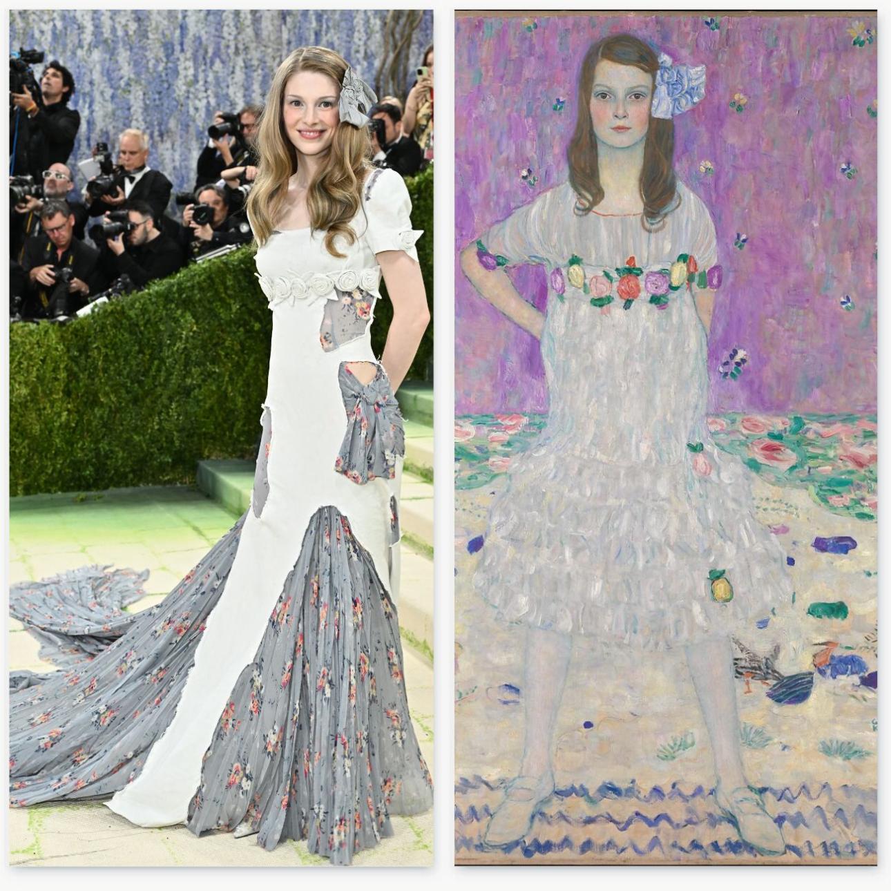 Αριστερά: Η Hunter Schafer στο Met Gala 2026 / Evan Agostini/Invision/AP - Δεξιά: Mäda Primavesi,  Gustav Klimt, 1912-13 / The Met