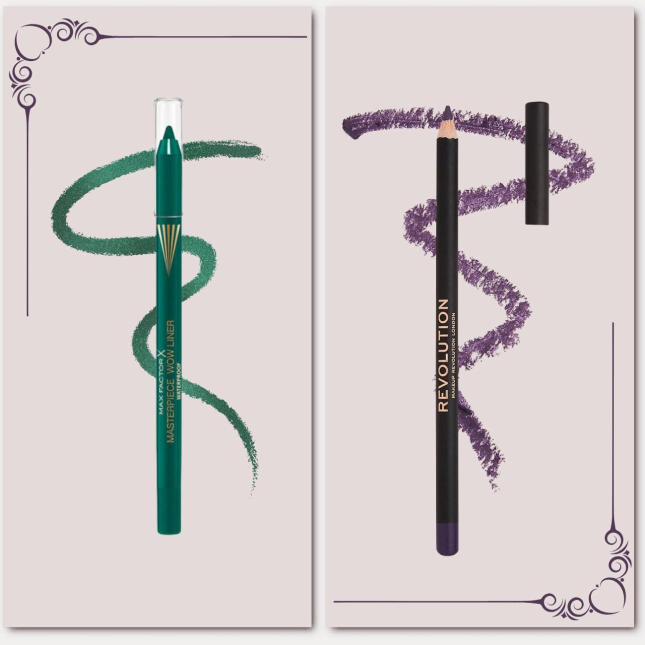 Από δεξιά: Kohl Eyeliner Purple, Revolution Masterpiece Wow Liner, 24-Hour Wear Eyeliner 600 Emerald Green, Max Factor