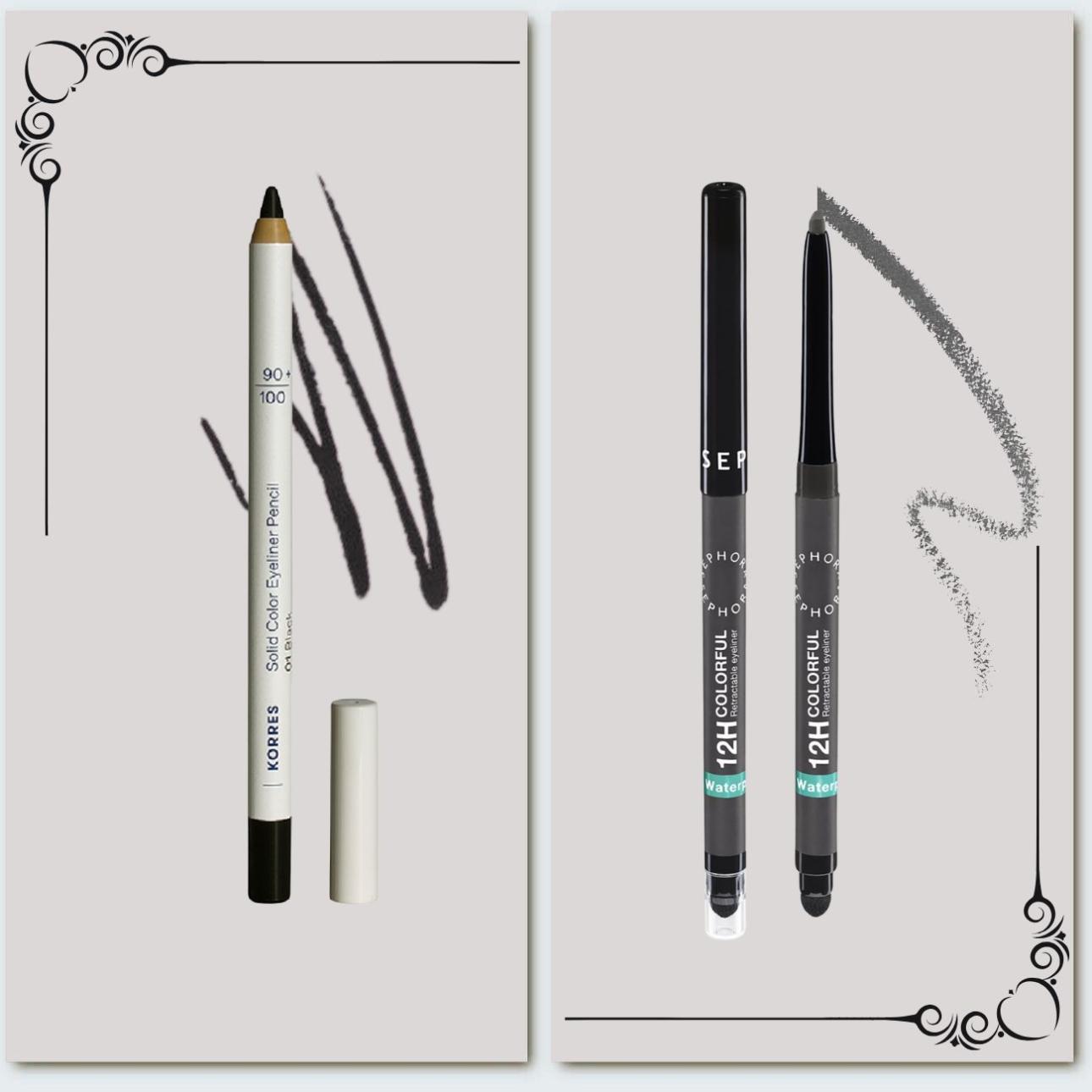 Από αριστερά: Solid Color Eyeliner Pencil 01 Black, Korres 12H Colorful Retractable Eyeliner 11 Matte Charcoal Gray, Sephora 