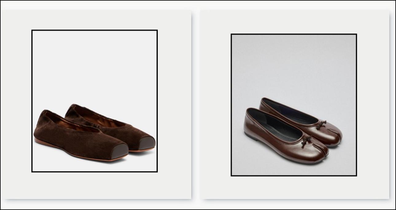 Από αριστερά: Καστόρινες μπαλαρίνες, €850, Alaïa, mytheresa.com και μπαλρίνες, €47,73, LUTVELIZADE, trendyol.com