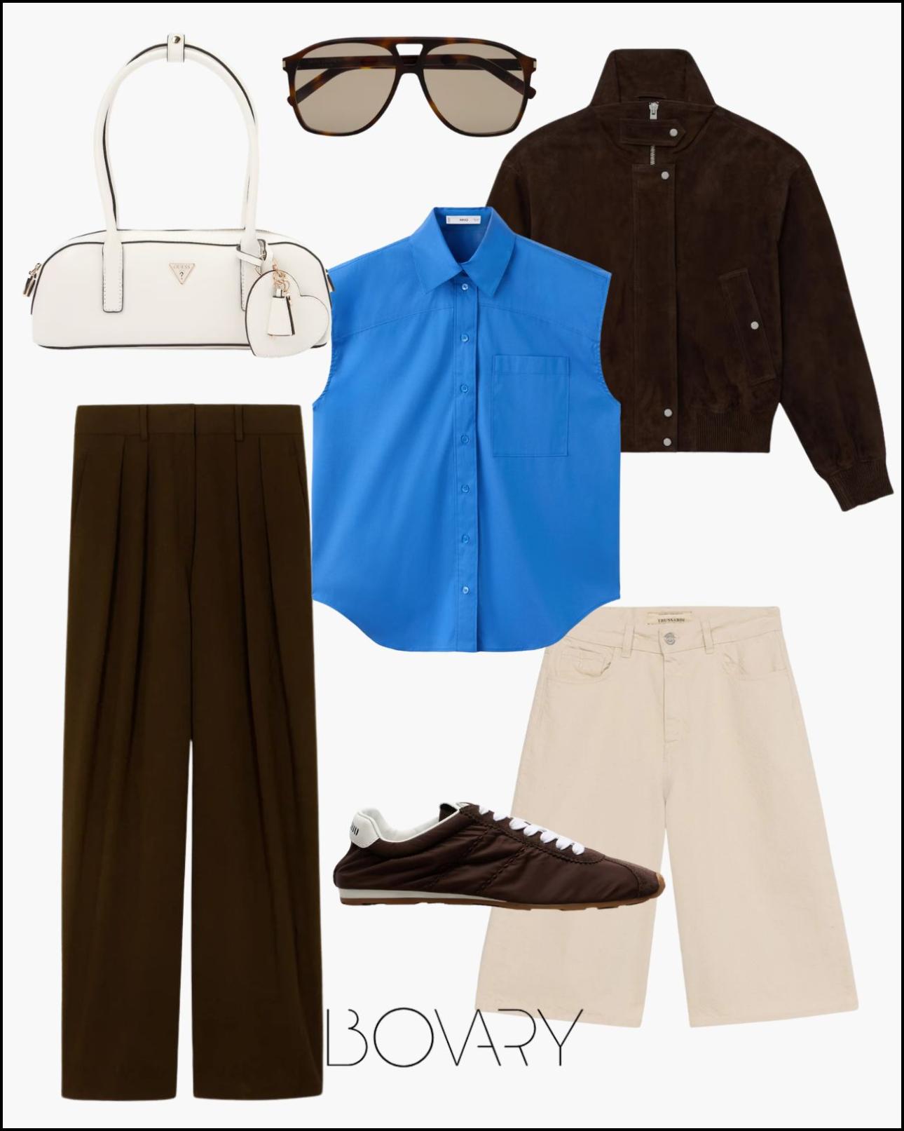 Από αριστερά: Τσάντα, €114,75, Guess, aboutyou.gr, γυαλιά, €360, Saint Laurent, ysl.com, αμάνικο πουκάμισο, €49,99, Mango, shop.mango.com, καστόρινο τζάκετ, €555, Reiss, reiss.com, παντελόνι, €199, The Frankie Shop, eu.thefrankieshop.com, sneakers, €760, Miu Miu, mytheresa.com και τζιν βερμούδα, €169, Trussardi, trussardi.com