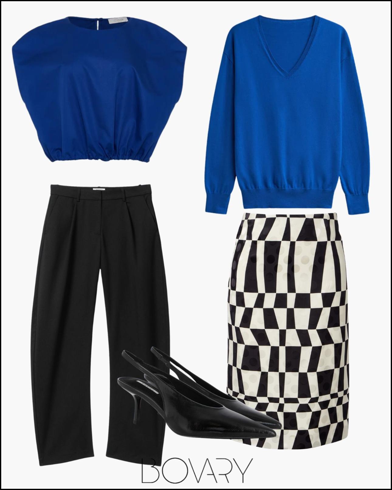 Από αριστερά: Cropped top, €89,90, Devotion, mosty.com, λεπτό πλεκτό, €175, The Frankie Shop, eu.thefrankieshop.com, barrel υφασμάτινο παντελόνι, €39,99, H&amp;M, www2.hm.com, φούστα, €475, Dries Van Noten, mytheresa.com και γόβες, €79, Fratelli Petridi, fratellipetridi.com. 