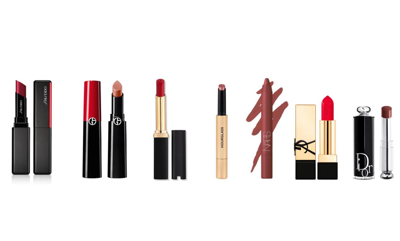 Shiseido, VisionAiry Gel LipstickArmani, Lip Power Long Lasting LipstickL'Oreal, Colour Riche Intense Volume Matte LipstickHourglass Phantom Volumizing Glossy Lip BalmNars Powermatte High-Intensity Long-Lasting Lip PencilYSL Rouge Pur Couture Caring Satin LipstickDior, Addict Lipstick