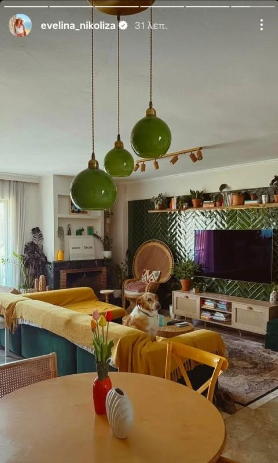 Το σαλόνι της Εβελίνα Νικόλιζα και ο σκύλος τηε, Λουκουμάς/ Φωτογραφία: Instagram/ @evelina_nikoliza