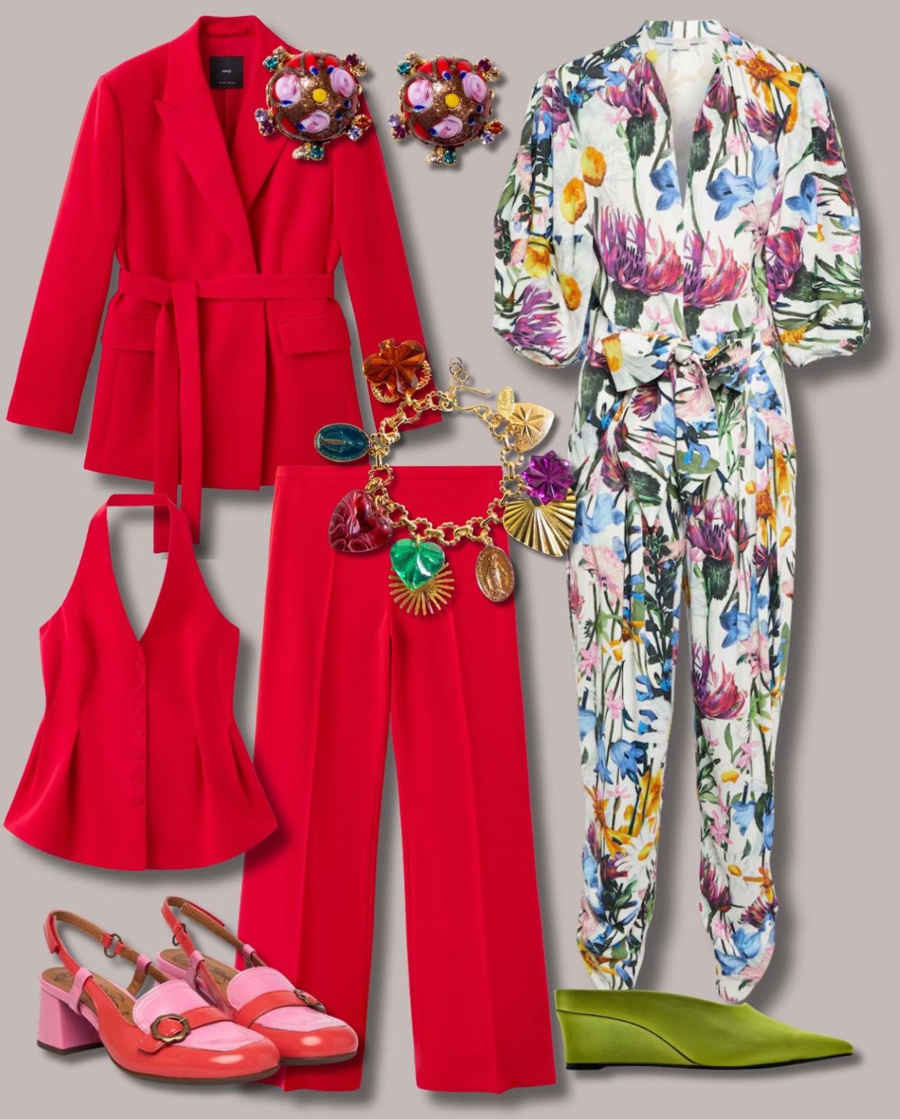 Από αριστερά: Σακάκι, €69,99, γιλέκο, €45,99 και παντελόνι, €45,99, όλα Mango, shop.mango.com, σκουλαρίκια, €60 και βραχιόλι με charms, €105, όλα Katerina Psoma, katerinapsoma.com, ολόσωμη, εμπριμέ φόρμα, €1.074, Stella McCartney, mytheresa.com, δίχρωμα slingbacks παπούτσια, €169,99, Fly London, epapoutsia.gr και πράσινα mules, €607, Simone Miller, farfetch.com 