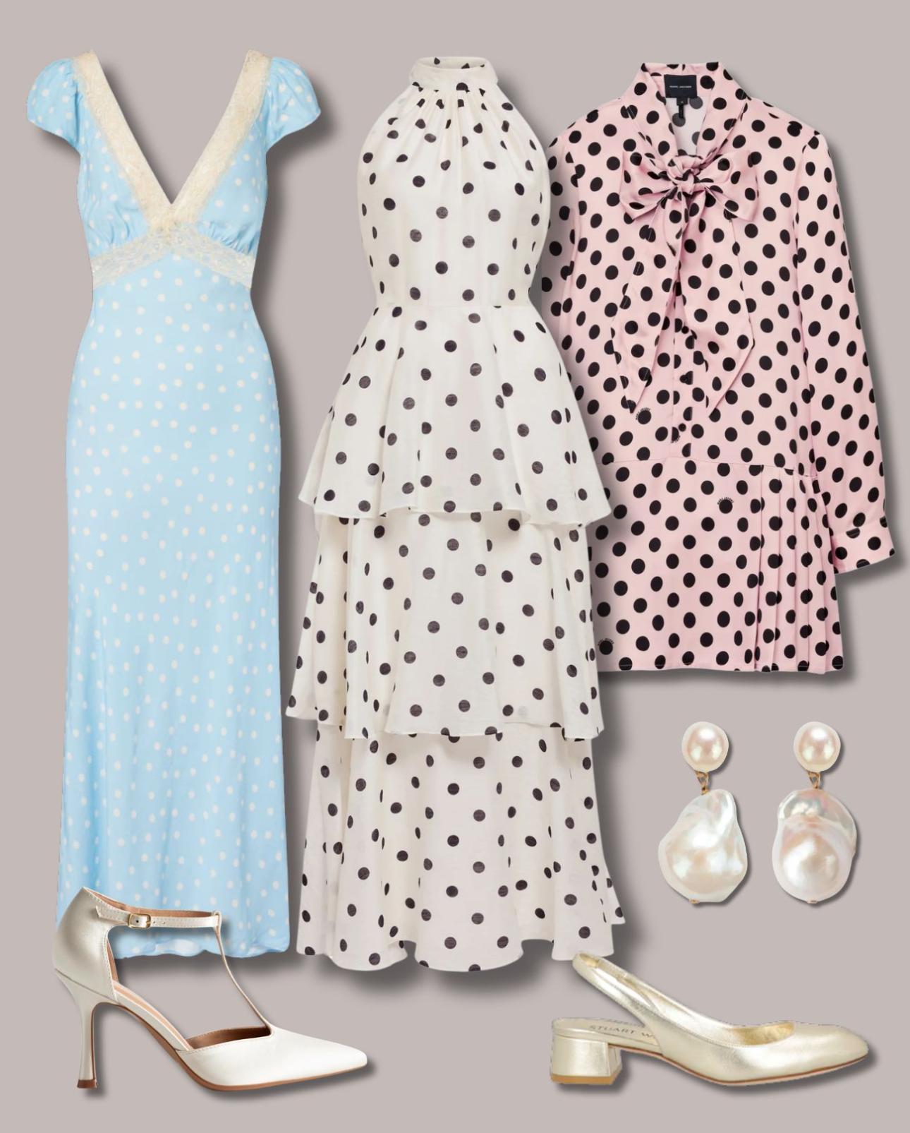 Από αριστερά: Γαλάζιο πουά φόρεμα, €330, Rixo, mytheresa.com, λευκό φόρεμα με βολάν, €149,99, Forever New, zalando.gr, κοντό φόρεμα με φιόγκο, €325, Marc Jacobs, farfetch.com, T-bar γόβες, €29,99, Bozikis, bozikis.gr, σκουλαρίκια, €124, Smallable, smallable.com και slingbacks παπούτσια, €256, Stuart Weitzman, yoox.com