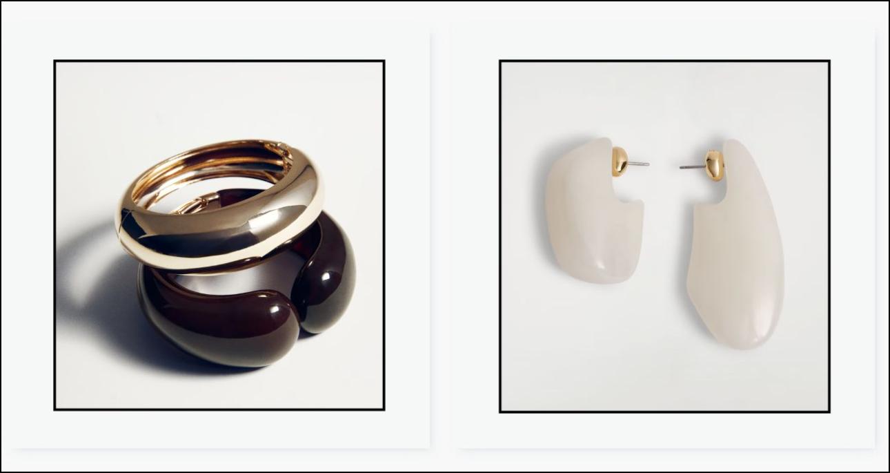 Από αριστερά: Σετ με βραχιόλια, €22,99, Mango, shop.mango.com και ασύμμετρα σκουλαρίκια, €45, Cos, cos.com