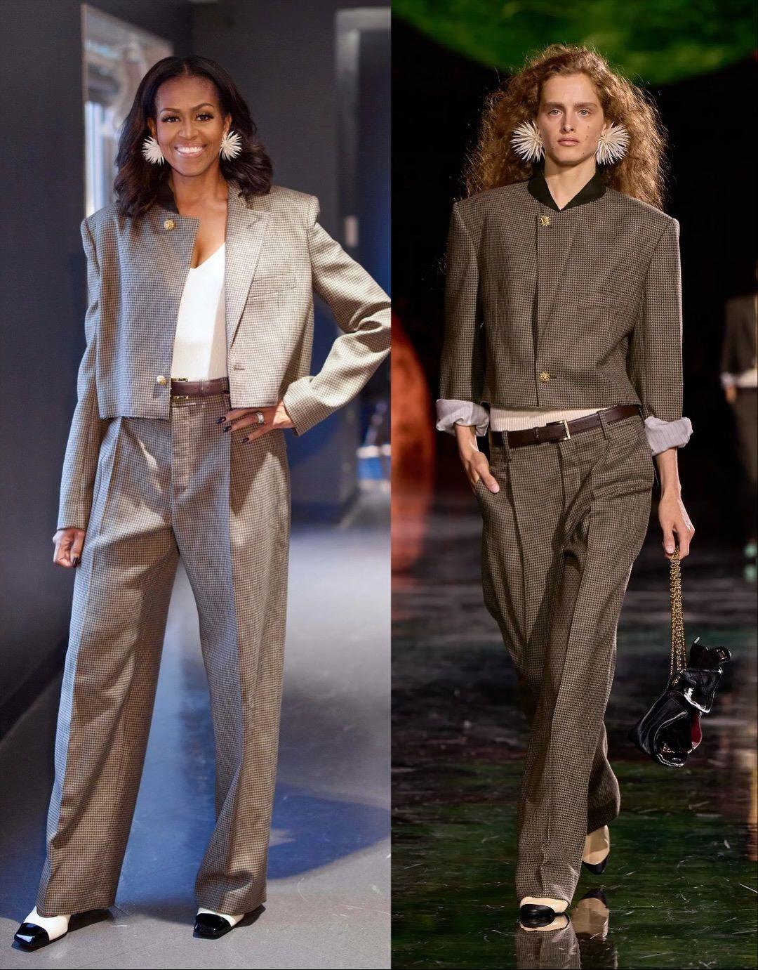 Η Μισέλ Ομπάμα (αριστερά) με look  από τη συλλογή του Matthieu Blazy για τη Chanel, που παρουσιάστηκε στο ΠΑρίσι (δεξιά)/ Φωτογραφία: Instagram/ @archivedrunway