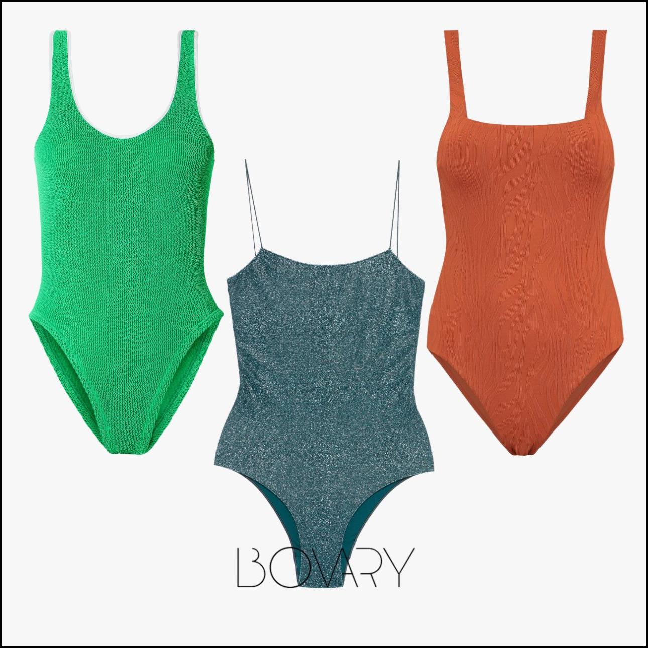 Από αριστερά: Πράσινο γκοφρέ μαγιό, €225, Hunza G, net-a-porter.com, μελανζέ ολόσωμο, €220, Oséree, farfetch.com και κανελλί ολόσωμο με ανάγλυφο ύφασμα, €41,94, Shiwi, aboutyou.gr