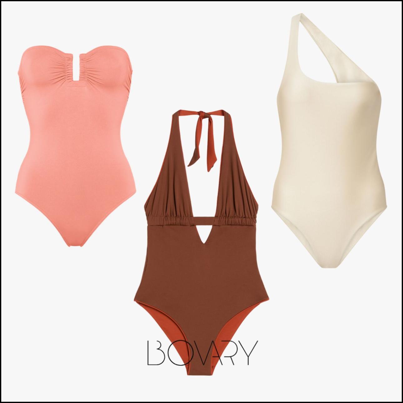 Από αριστερά: Σωμόν ολόσωμο στράπλες μαγιό, €530, ERES, eresparis.com, καφέ double face με βαθύ ντεκολτέ ολόσωμο, €160, Max Mara, gr.maxmara.com και off white με έναν ώμο ολόσωμο μαγιό, €170, Jade Swim, mytheresa.com