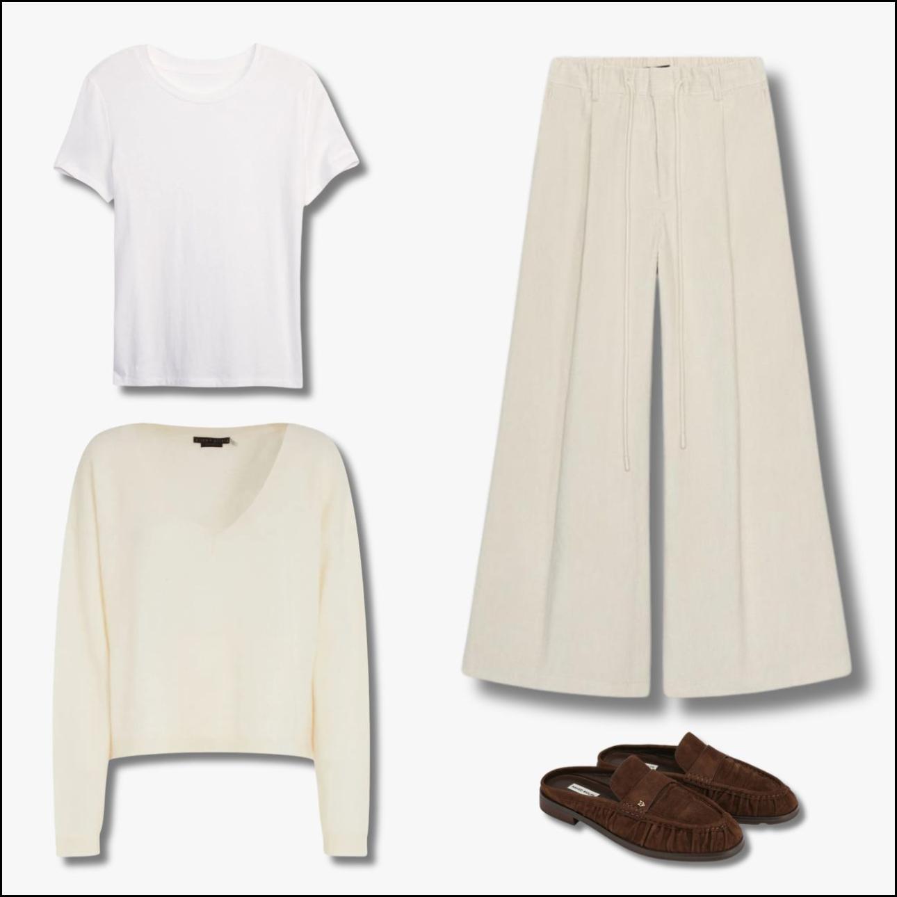 Λευκό T-shirt, €29,95, Gap, gap.com.gr, off white κοτλέ παντελόνι, €39,95, Zara, zara.com, V-neck, €782, Alice + Olivia, farfetch.com και slippers σε στιλ loafers, €200, Naked Wolfe, nakedwolfe.com.