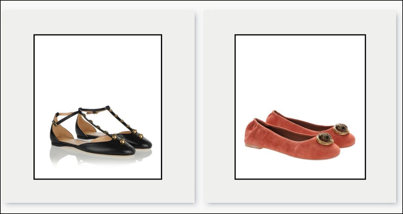 Μαύρες μπαλαρίνες, €950, Chloé, luisaworld.com και suede μπαλαρίνες, €188 Kurt Geiger, atticadps.gr