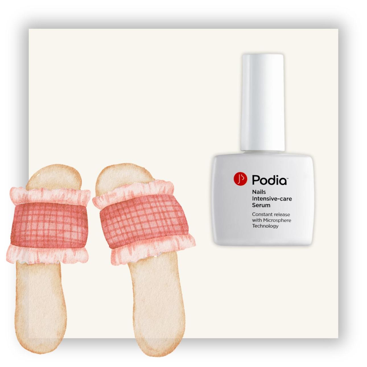  Nails Intensive-Care Serum, Podia Εντατικός ορός ενδυνάμωσης και ενυδάτωσης νυχιών με τεχνολογία μικροσφαιριδίων, που προσφέρουν συνεχή αποδέσμευση των δραστικών συστατικών του, για αποτελέσματα μεγάλης διάρκειας και ολοκληρωμένη προστασία των νυχιών. Περιέχει επίσης κερατίνη, αργινίνη και tea-tree oil, αποτρέποντας το ξεφλούδισμα, τις ρωγμές και τα σπασίματα. 